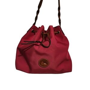 Dooney Bourke Drawstring Bucket Bag Pink Nylon Leather Trim Braided Strap